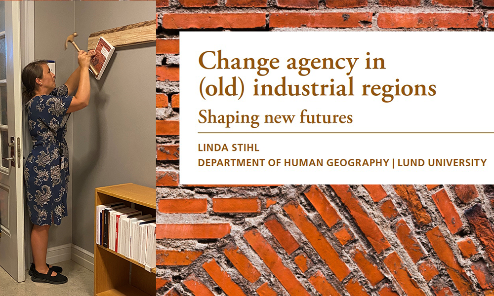 Photo collage of two images. One of a woman putting a nail in a wall to hang her dissertation and one of part of the dissertation cover with the title: Change agency in (old) industrial regions – shaping new futures.