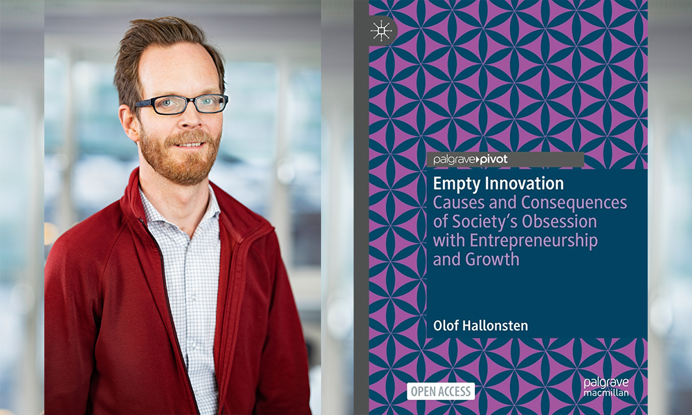 Portrait of a man and a book cover for Empty Innovation by Olof Hallonsten.