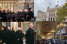 Collage of photos of the exterior and interior of the Main University Building and people inside the main hall.