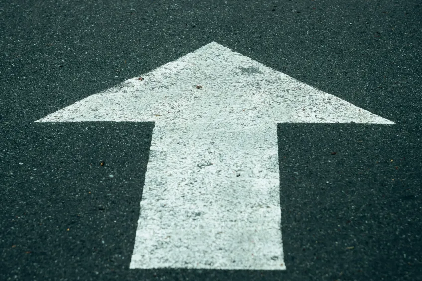 A white arrow, pointing straight ahead or upwards, painted on a dark grey surface. Photo.